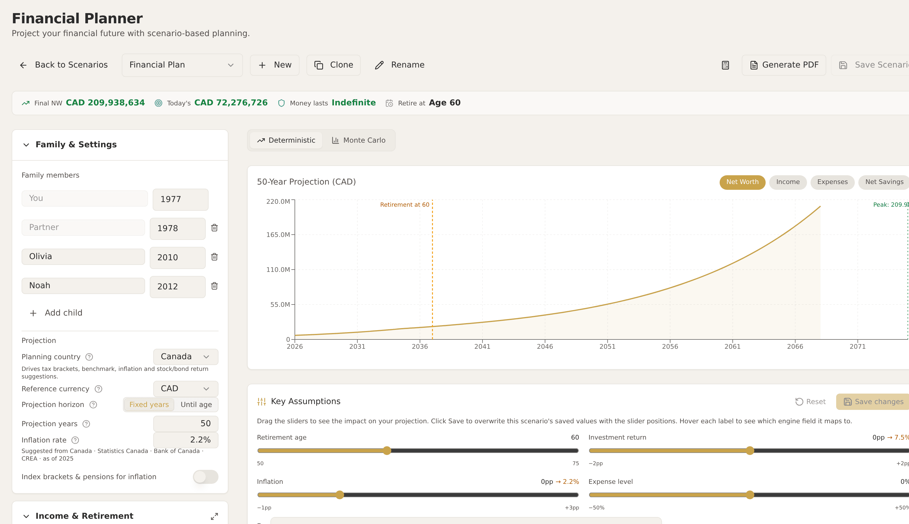 50-year planner with Monte Carlo + scenarios