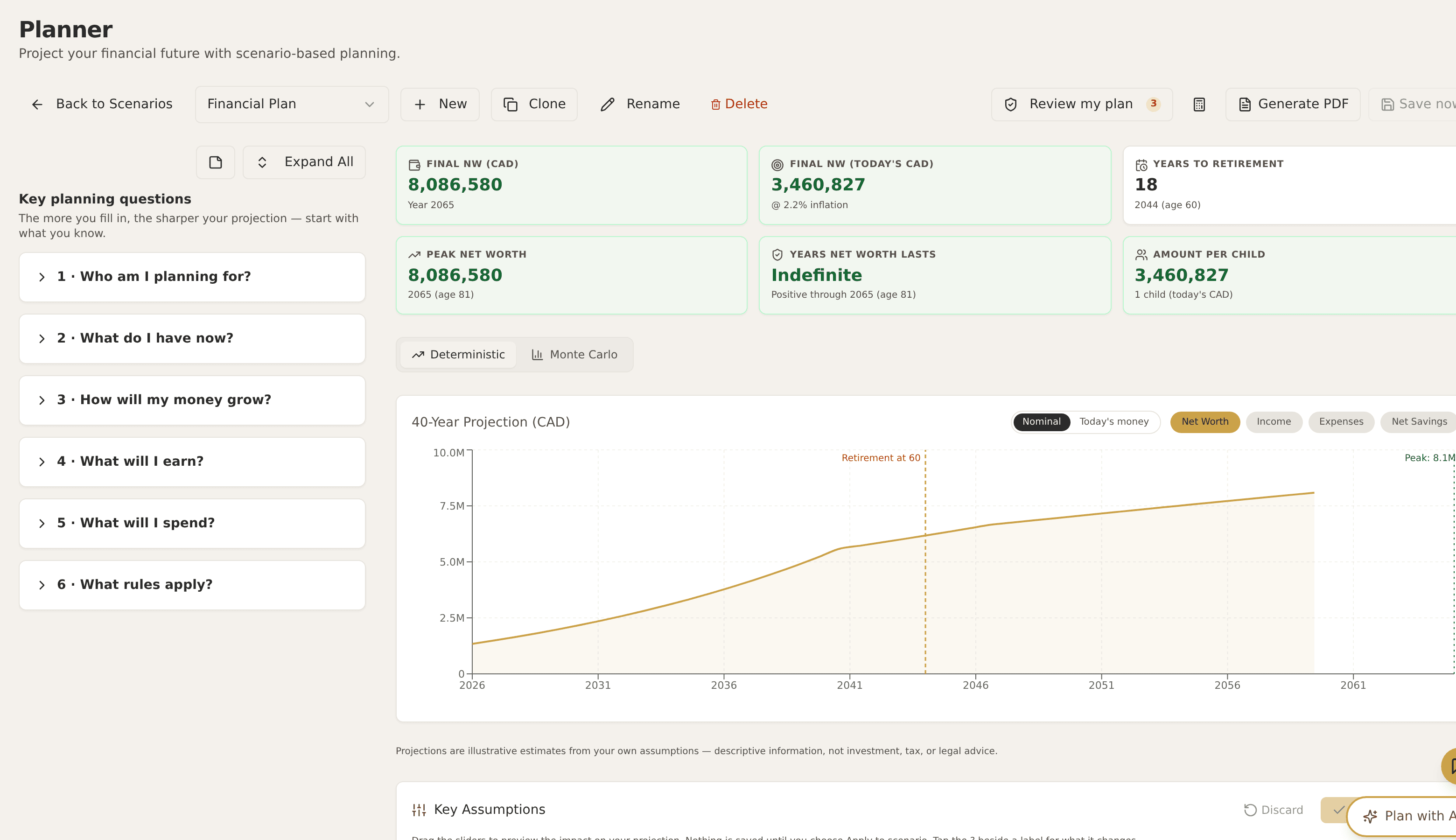 50-year planner with Monte Carlo + scenarios